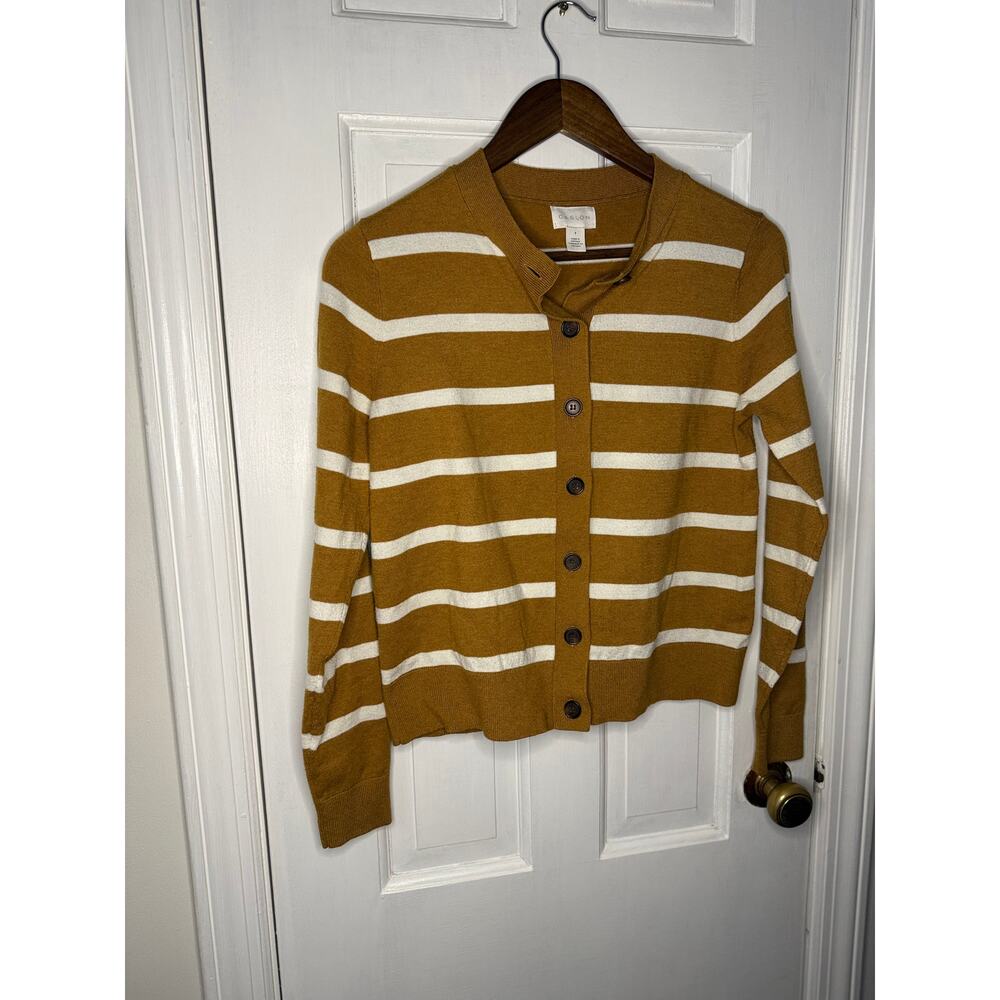 Calson Classic Crewneck Cardigan In Brown Gold Renee Stripe Size Small